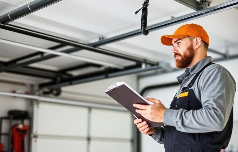 Technician with clipboard inspecting garage door for repair estimate - professional cost assessment