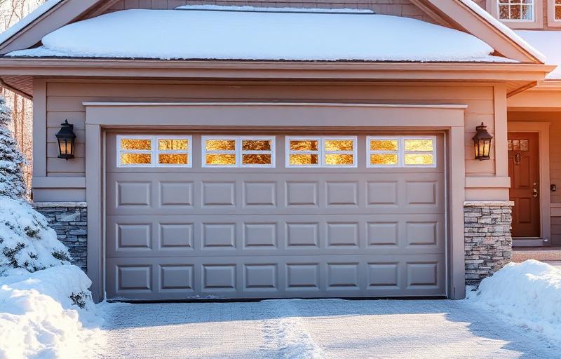 Insulated garage door in winter with snow - preparing for cold weather garage door maintenance