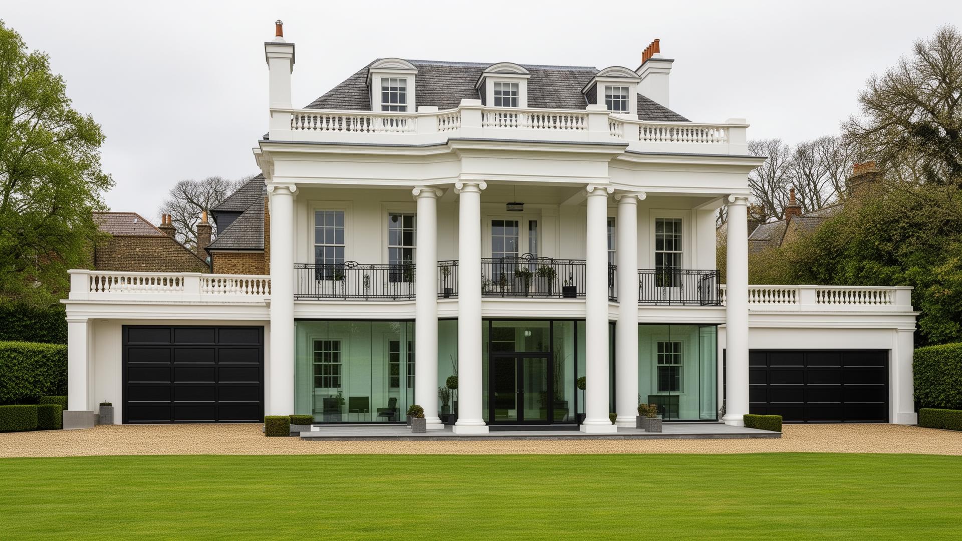 Beautiful Georgian mansion with modern black aluminum and glass garage doors