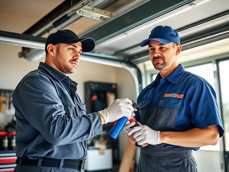 Professional garage door technicians performing maintenance service